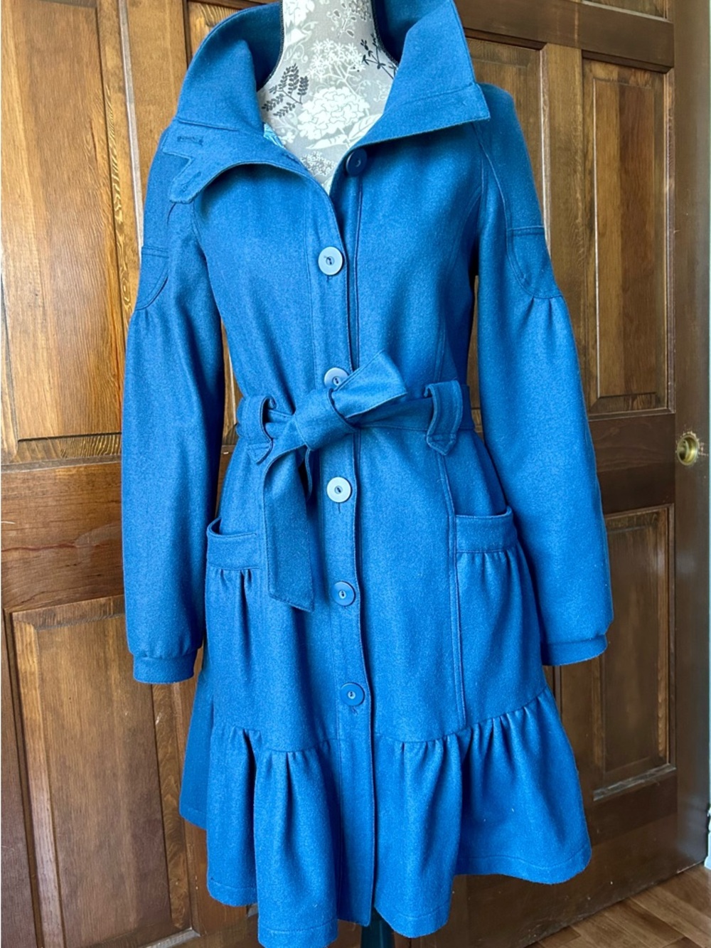 Nine West Blue Wool Blend Coat with Belt and Ruffle Hem - Picture 3 of 9